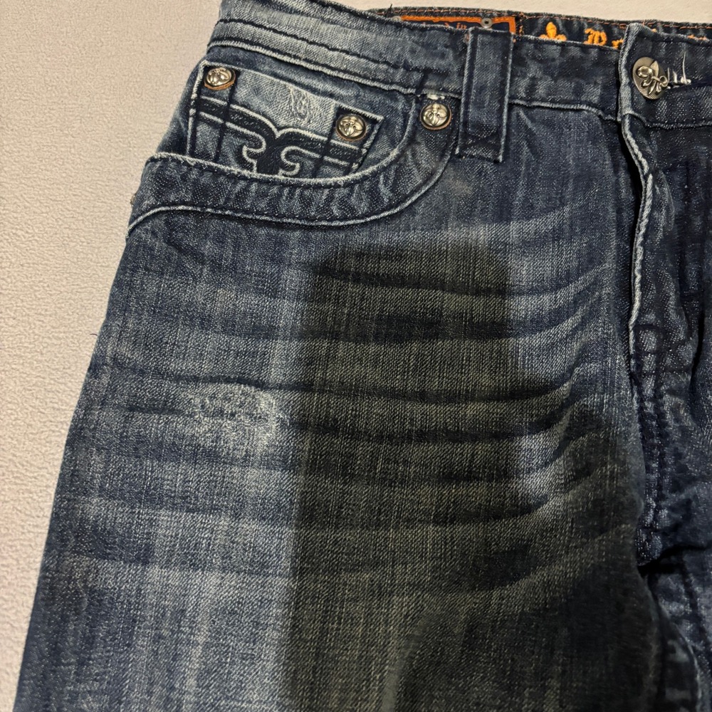 Rock Revival Steven Straight Mens Jeans Blue Whisker Flap Pocket Y2K Sz 33 35x29 - Picture 2 of 8